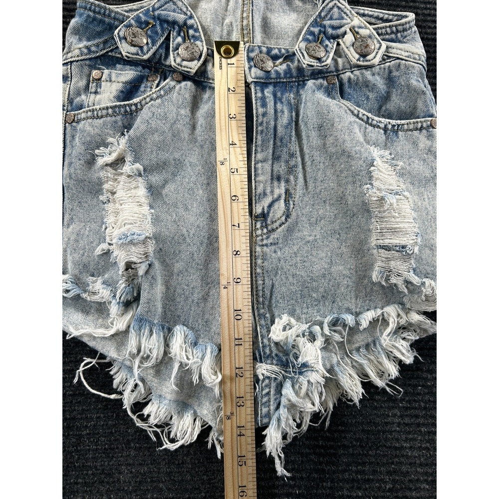 Evenuel Shortalls Women Small Blue Denim Cotton Frayed Hem Distressed Wide Strap - Picture 6 of 6